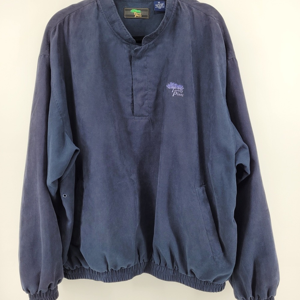 Torrey Pines Mens XL Navy Blue Faux Suede Golf Windshirt Pullover Snap Neck Logo